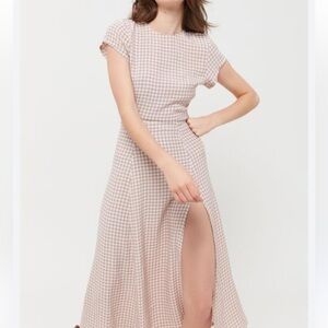 Tan Check Cap Sleeve Side Slit Midi Dress